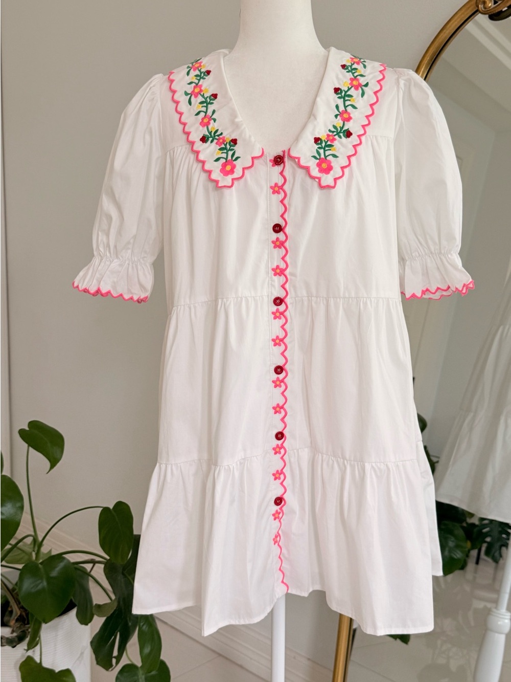 White Tiered Puff Sleeve Dress with Pink Floral Embroidery